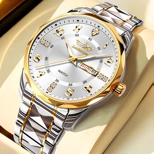 Nouvelle montre pour homme avec bracelet en acier, bracelet en forme de losange, calendrier, affichage de la semaine, montre à quartz résistante à l'eau pour homme - Product Image 1