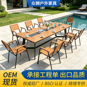 Outdoor <b>Foldable</b> Extension <b>Table</b> Steel Frame Wood Top <b>Garden</b> Set Contemporary Design 10 Plus Seating Capacity - Product Image 2