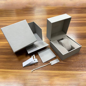 Boîte à montre en papier gris avec logo personnalisé, emballage cadeau de luxe pour montre, avec livret d'instructions, étiquettes suspendues, bracelet de mesure - Product Image 1