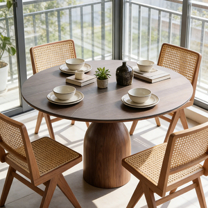 Mesa de Comedor Redonda de Piedra Sinterizada Travertino y Madera Maciza, Estilo Vintage de Alta Gama para Hogar o Restaurante, con Bandeja Giratoria - Product Image 4