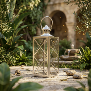 Elegant Polished Stainless Steel Metal Candle Holder Lantern for Home and Patio Decoration - Product Image 1