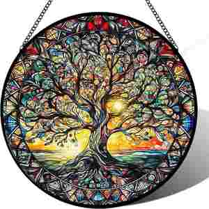 Attrape-soleil personnalisé Arbre de Vie en verre coloré véritable, à suspendre à la fenêtre, avec prisme arc-en-ciel, pour la décoration intérieure et comme cadeau - Product Image 1