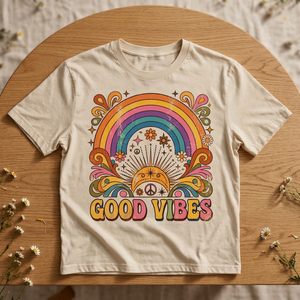 Camiseta unisex vintage de manga corta con cuello redondo, 100% algodón, suave, estilo retro, arcoíris, Good Vibes, para verano - Product Image 1
