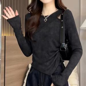 Maglia a maniche lunghe da donna OuYaan 2026, taglie forti, autunnale, girocollo, con design traforato, tie-dye, effetto snellente e modellante in vita - Product Image 2