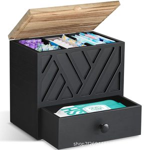 Wooden Bathroom <b>Storage</b> <b>Box</b> With <b>Drawer</b> For Sanitary Napkins Toilet Paper Organizer Rectangle Covered Compartments Standing Type - Product Image 1