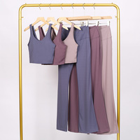 Ensemble de yoga 2 pièces pour femme, respirant, effet seconde peau, avec soutien-gorge de sport push-up à maintien renforcé et effet embellissant le dos, et pantalon évasé, tenue d'entraînement
