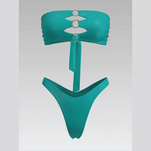 Stunning Alluring O-Ring Hollow Cutout Strapless <b>Tied</b>-<b>Back</b> Thong Bikini Two-Piece Set with Gold Metal Rings - Product Image 1