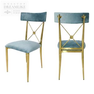 Chaise de mariage moderne en acier inoxydable doré avec dossier en X, coussin en velours bleu, pour banquets et événements, location, fournisseur direct d'usine pour commandes en gros - Product Image 2