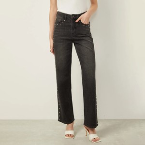 بنطلون جينز أسود عالي الخصر مزين بالمسامير للنساء، بنطلون مستقيم أنيق بتصميم روك، مع زخارف جانبية من البراشيم، مناسب للارتداء في الشارع والحفلات - Product Image 1