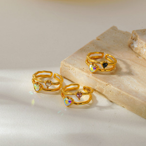 Anillo de Acero Inoxidable de Dos Capas con Diamantes de Colores, Anillo Abierto de Acero Inoxidable con Circonita, Joyería para Mujer - Product Image 3