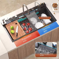 Évier de cuisine intelligent en acier inoxydable 304 noir avec cascade LED, multifonction et lave-gobelets