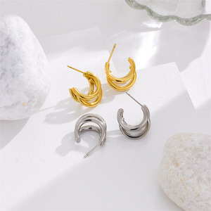 C-Shaped Multi Layered <b>Huggie</b> Earrings Gold Stainless Steel Geometric Design Unisex Fashion Jewelry - Product Image 2