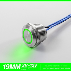Bouton-poussoir momentané plat rond étanche IP65 19MM 12V rouge vert bleu en acier inoxydable avec anneau LED lumineux et câble - Product Image 4