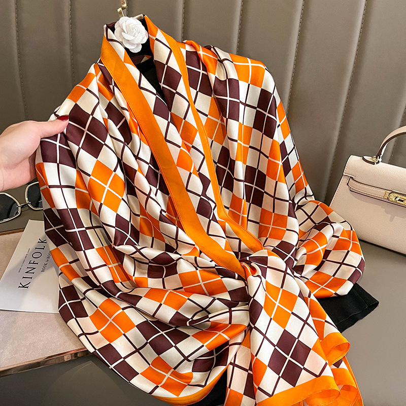 Wholesale 2023 new ladies silk feeling shawls ethnic style plaid print oversize oblong silk women headscarf