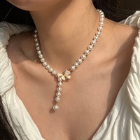 Collar de perlas redondas para mujer, joyería personalizada de alta calidad, de latón chapado en oro con diamantes y lazo positivo
