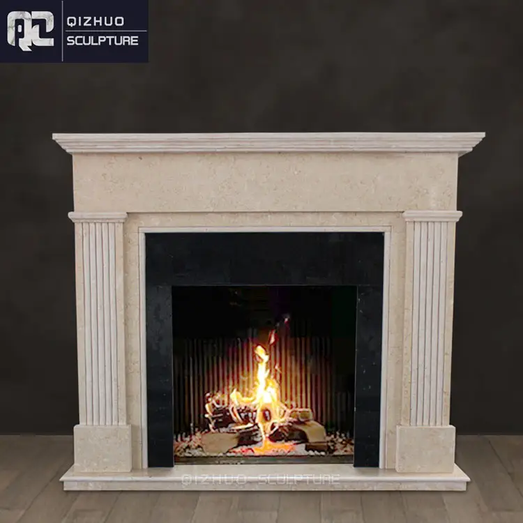 Modern Style Contemporary Indoor Decorative Custom Hand Carving Solid Stone Beige Cream Color Antique Marble Fireplace