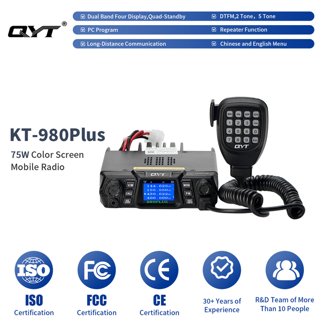 Long Range High Power QYT KT-980plus VHF UHF 75W Car Mobile Two Way Radio