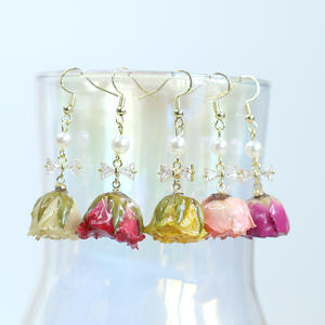 ต่างหูเรซิ่นดอกไม้จริงประดับเพชรซิร์คอนสำหรับผู้หญิง งานแฮนด์เมด สไตล์โรสเฟรช ฮันฟู สไตล์จีนโบราณ ต่างหูจี้ดอกไม้แห้ง - Product Image 2