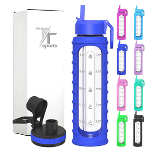Bouteille d'eau en verre borosilicate anti-fuite de 32 oz avec manchon en silicone, marqueurs de temps, couvercle à paille, logo personnalisé, vente en gros - Product Image 1