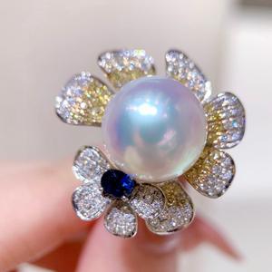 Bague de luxe en argent S925 haut de gamme, incrustée de diamants et de fleurs, perles naturelles rondes de 12-13 mm, nouvelle collection - Product Image 1