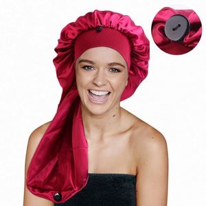 Long Satin Sleeping Bonnet Large Cap Silk Bonnets With Tie Band Button for <b>Braids</b> Curly Hair Promotion Gift - Product Image 1