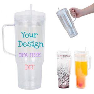 Custom logo <b>Large</b> Capacity DIY with Handle Reusable Double-layer Plastic Straw <b>Cup</b> for Smoothie Cocktail Beer Soda Fruit Juice - Product Image 1