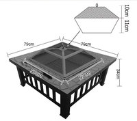 Brasero carré en bois de 34 cm pour jardin, foyer, poêle, brasero, table, barbecue avec grille en maille et support pour patio