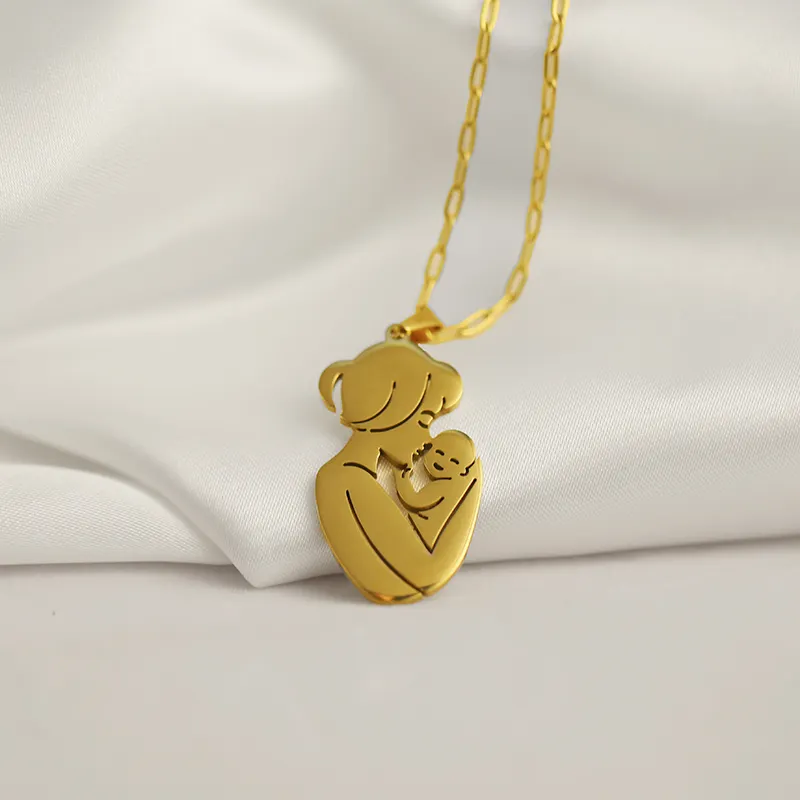 Mother's Day Jewelry 18K Gold Plated Stainless Steel Mother Holding Baby Pendant Necklaces