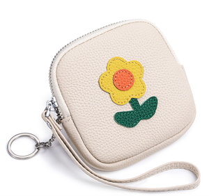 Vente en gros de porte-monnaie en cuir de vachette, petite pochette à monnaie, grande capacité, rangement pour monnaie, rouge à lèvres, serviettes, broderie florale, porte-monnaie avec dragonne - Product Image 5