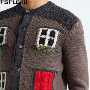 Cardigan en laine intarsia coupé-cousu pour homme, gris taupe, motif maison, col rond, streetwear, pulls pour homme, vente en gros pour fabricants - Product Image 4