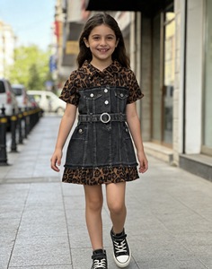 <span class=keywords><strong>Vestito</strong></span> Estivo per Bambine in Denim di Cotone con Stampa Leopardata, Stile Carino, Lunghezza al Ginocchio, Linea ad A con Volant - Product Image 1