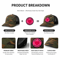 Casquette de baseball structurée à 6 panneaux, style mode, avec logo patch tissé, face camouflage, dos en maille respirante, type trucker, vente en gros