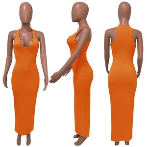 Abito lungo donna estivo Casual elegante con scollo <span class=keywords><strong>a</strong></span> U senza maniche <span class=keywords><strong>a</strong></span> coste in maglia Maxi abito - Product Image 4