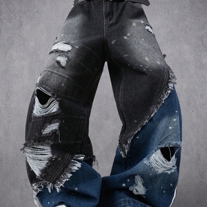 Vaqueros de mezclilla de pierna ancha <span class=keywords><strong>con</strong></span> efecto desgastado, rotos, <span class=keywords><strong>con</strong></span> dobladillo deshilachado y salpicaduras de pintura, estilo urbano, <span class=keywords><strong>con</strong></span> patchwork de dos tonos - Product Image 1