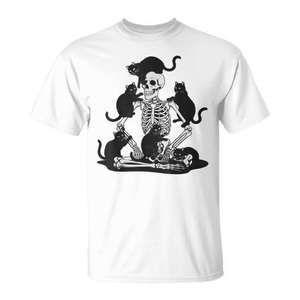 Camiseta con Estampado de Serigrafía de Gato Calavera con Esqueleto Espeluznante y Gatos Negros, Cuello Redondo, Manga Corta, Unisex para Adultos, Promocional - Product Image 1