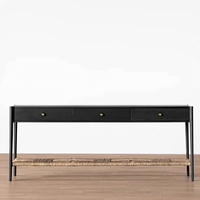 Table console moderne en chêne noir, style luxe discret, avec étagère en rotin tressé, pour entrée, couloir, hall d'entrée, maison moderne