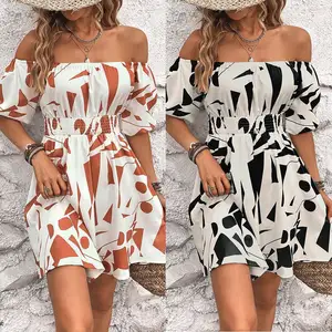 Customized Ladies Fashion Design Off Shoulder Lantern Sleeve Printed Fitting Formal Casual Midi Dresses For Women