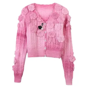 Y 2K Vrouwen Mohair Trui Herfst Winter 3d Bloem V-Hals Enkele Rij Lange Mouw Slim Fit Sweet Knoop Cropped Gebreide Vest