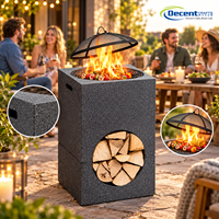 Brasero carré en acier robuste effet pierre avec rangement pour bois de chauffage, grille et pique-foyer pour patio extérieur, jardin et camping