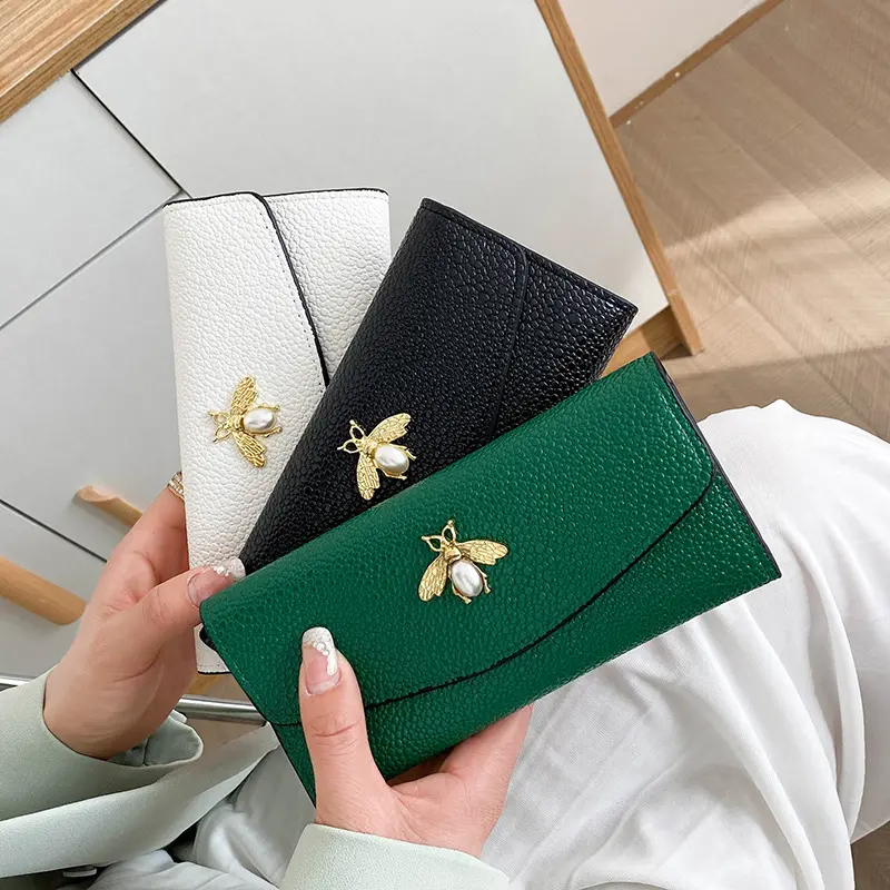 New Arriving Luxury Catalogue Designer Wallet Women Bee Pearl Long Wallet Men's PU Leather Money Card Holder Coin Purse Handbag