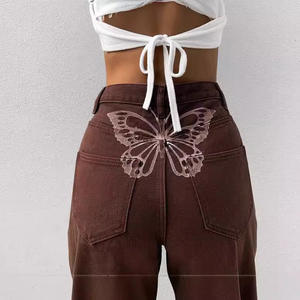 All'ingrosso <span class=keywords><strong>Jeans</strong></span> alla moda a <span class=keywords><strong>vita</strong></span> <span class=keywords><strong>alta</strong></span> <span class=keywords><strong>larghi</strong></span> e comodi Casual con stampa a farfalla per le donne - Product Image 2