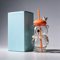 Gobelet en verre avec chaîne de perles, motif chat et ours avec chapeau béret, mignon et tendance, pour thé au lait et café, avec motif ours orange et chapeau, pour une ambiance apaisante