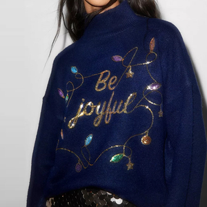 2024 Cao Cổ Sequined Giáng Sinh Áo Len Y2K Dễ Thương Kỳ Nghỉ Slogan Giáng Sinh Hàng Dệt Kim Đèn Cổ Điển Giáng Sinh Jumper - Product Image 5