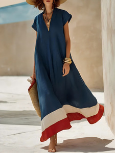 Abito lungo da donna a blocchi di colore, scollo a V con maniche corte arricciate e orlo a righe rosse e bianche, vestibilità ampia, casual, stile boho, copricostume estivo - Product Image 1