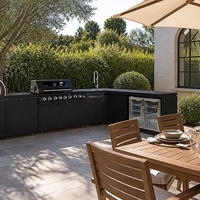 Îlot de cuisine extérieur modulaire tout en acier inoxydable 304 avec barbecue, four à pizza, évier et comptoir pour patio de villa