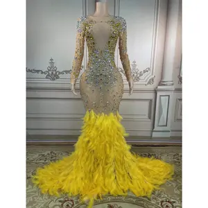 Gaun Pengantin Ekor Putri Duyung Bulu Kuning Sifon Berlian Imitasi Berkilau Gaun Malam Ukuran Plus Gaun Prom