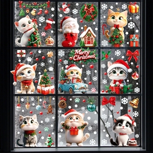 Juego de 9 Adhesivos Estáticos para Ventanas con Diseño de Gatos Navideños, con Lazos Rojos, Estrellas y Copos de Nieve, para Decoración Navideña de Vidrio - Product Image 4