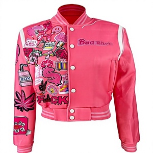 Chaqueta Varsity Rosa de Lana con Diseños de Parches, Cuello Camisero, Manga Regular, Estilo Urbano, Corte Ajustado, Cierre de Pullover, Unisex, Invierno - Product Image 1