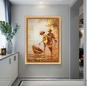 Peinture sur <span class=keywords><strong>toile</strong></span> de portrait doré, <span class=keywords><strong>couple</strong></span> marchant sous la pluie, art abstrait moderne, affiche, image <span class=keywords><strong>personnalisée</strong></span> - Product Image 3