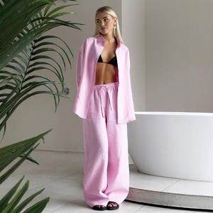 Completo in Cotone con <span class=keywords><strong>Camicia</strong></span> <span class=keywords><strong>e</strong></span> Pantaloni Primavera Estate Nuovo Stile Ampio a Maniche Lunghe Casual per Donna - Product Image 3